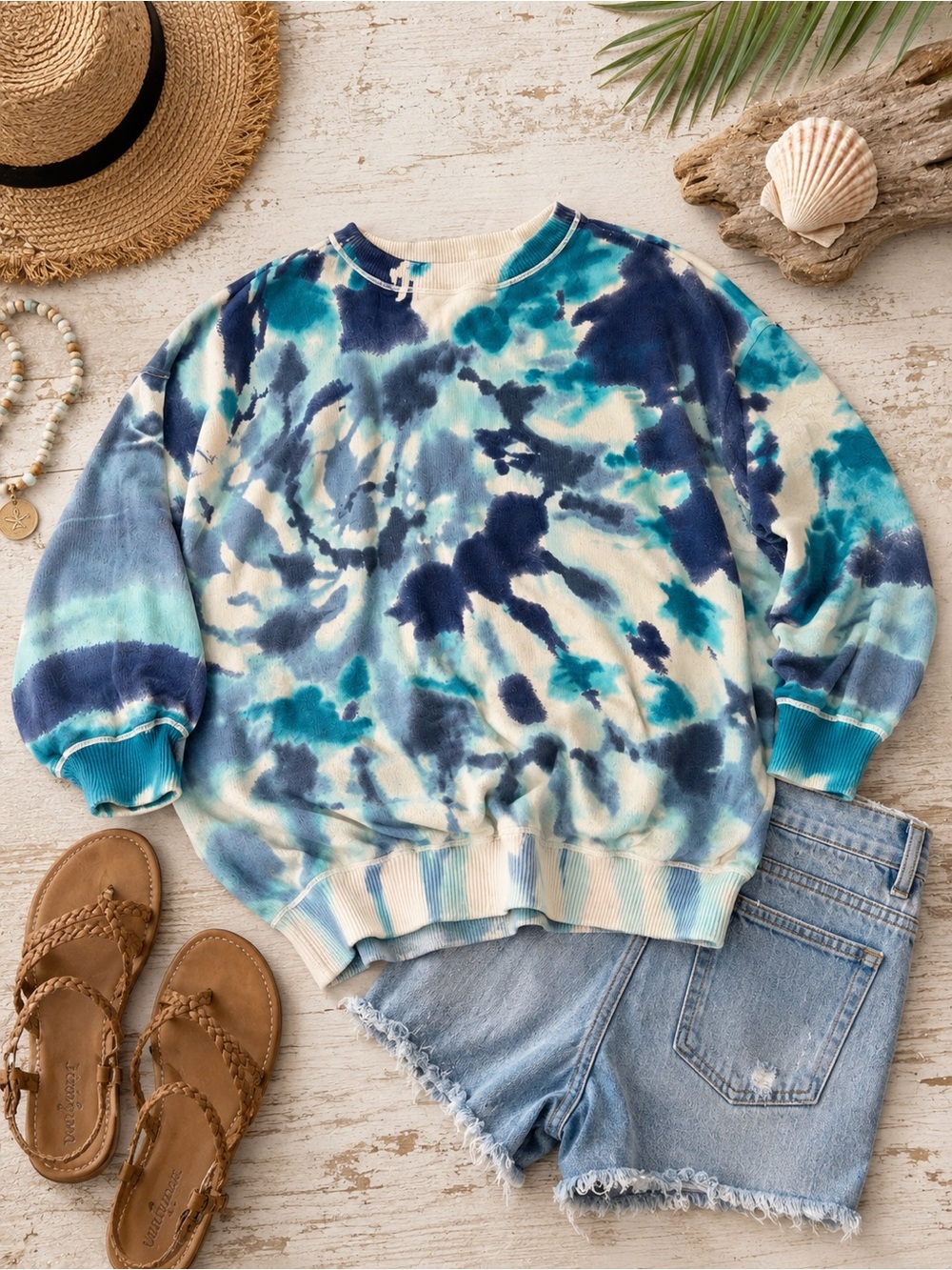 Natural Life Watercolor Tie Dye Cotton Sweater XL Oversized Balloon Sleeve Boho